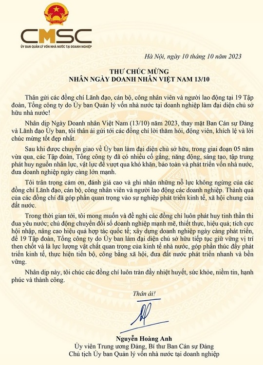 THƯ CHÚC MỪNG NGÀY DOANH NHÂN VIỆT NAM 13/10/2023